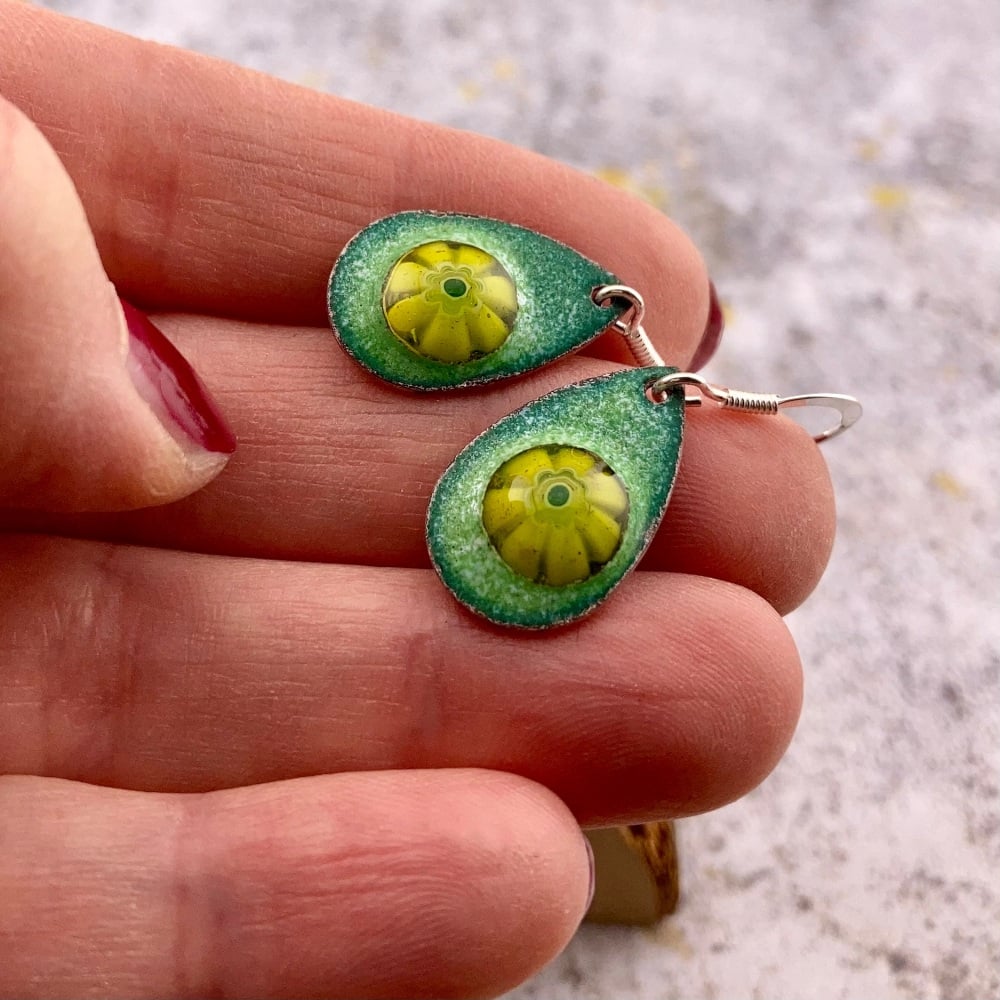 SECONDS DELICATE PASTEL GREEN (#4) Enamel Earrings with yellow flower