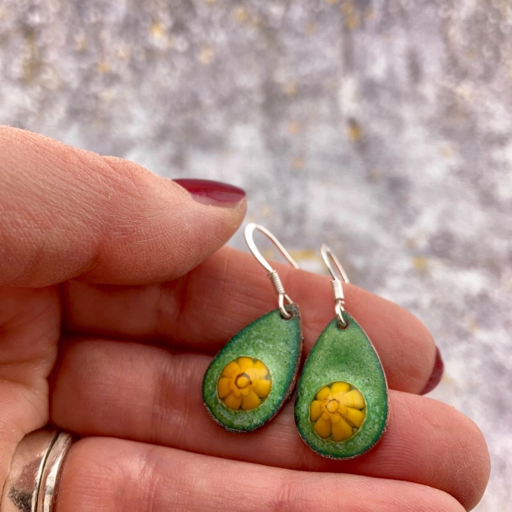 SECONDS GREEN (#6) speckled with white Enamel Earrings with ORANGE/YELLOW flower