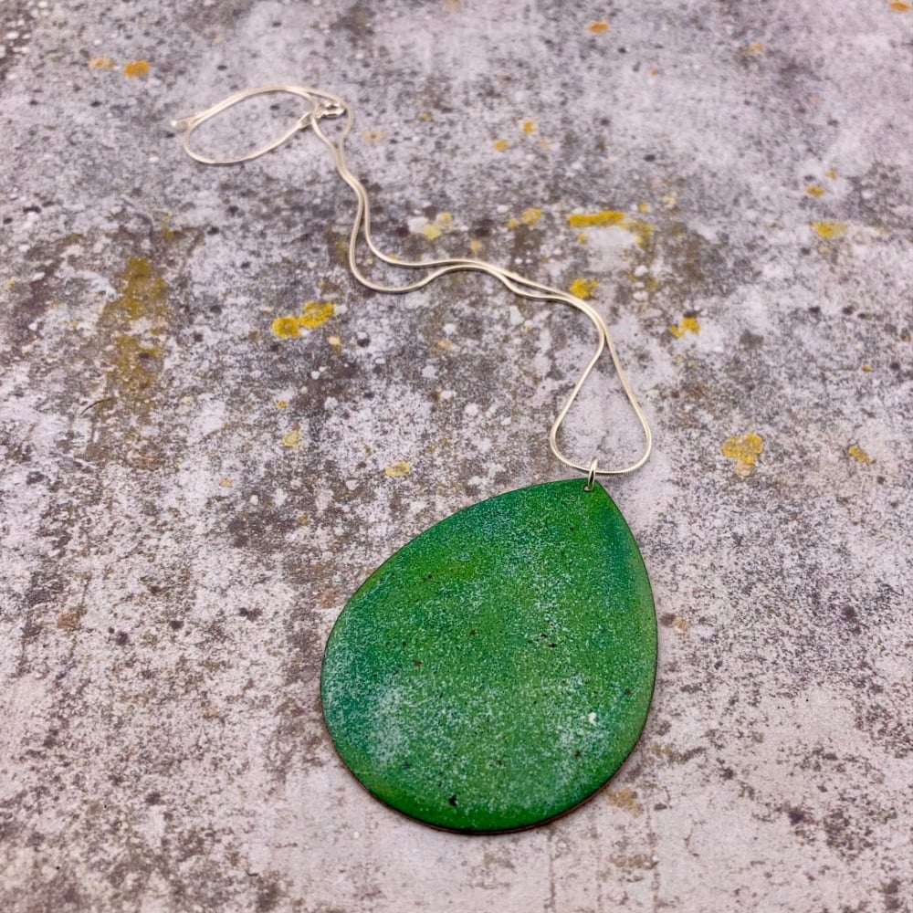 Green Enamel Pendant on silver chain - handmade jewellery -Speckled Easter Egg!