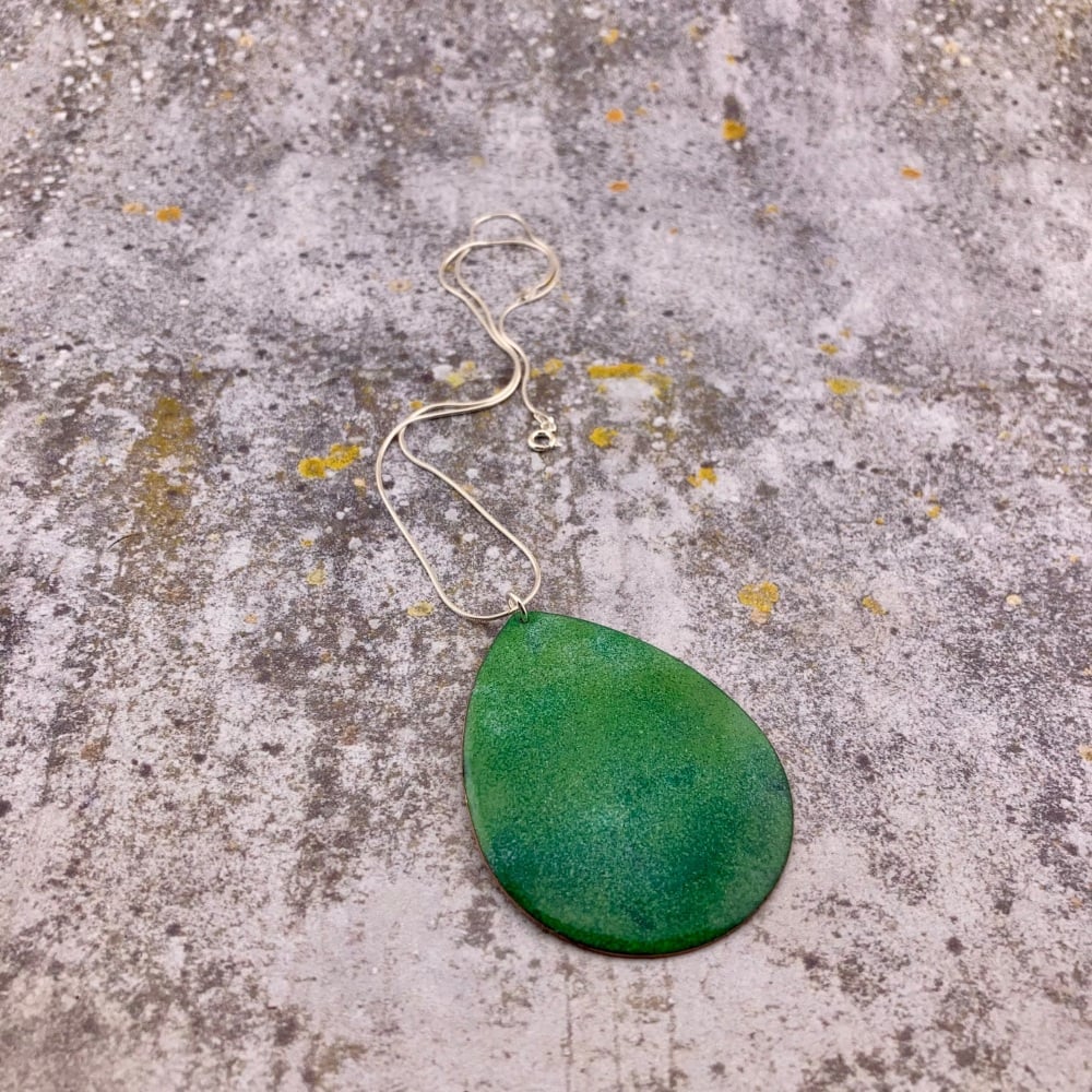 Green Enamel Pendant on silver chain - handmade jewellery -Speckled Easter Egg!