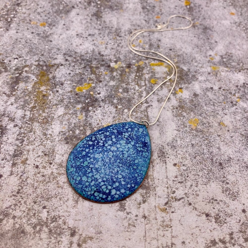 Speckled Blue & White Enamel Pendant on silver chain - handmade jewellery -Speckled Easter Egg!