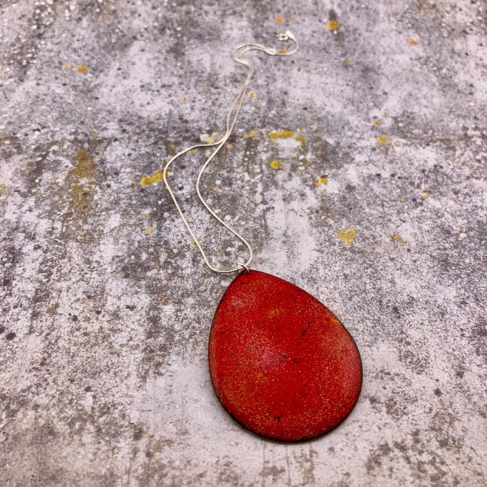 Red Enamel Pendant on silver chain - handmade jewellery -Speckled Easter Egg!