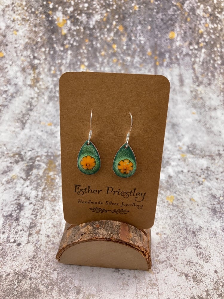 SECONDS LIGHT GREEN (#11) earrings with Orange Flower- Bright & colourful handmade designer earrings on sterling silver hooks