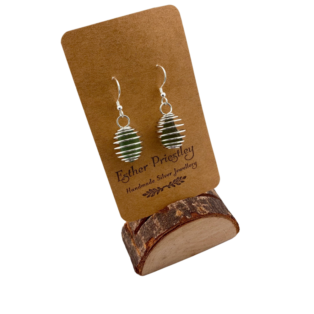 Seaham Sea Glass dangly earrings -dark green glass #2