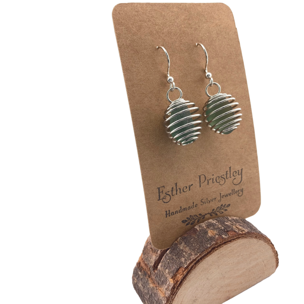 Seaham Sea Glass dangly earrings -dark green glass #5