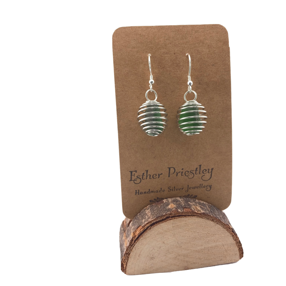 Seaham Sea Glass dangly earrings -dark green glass #7
