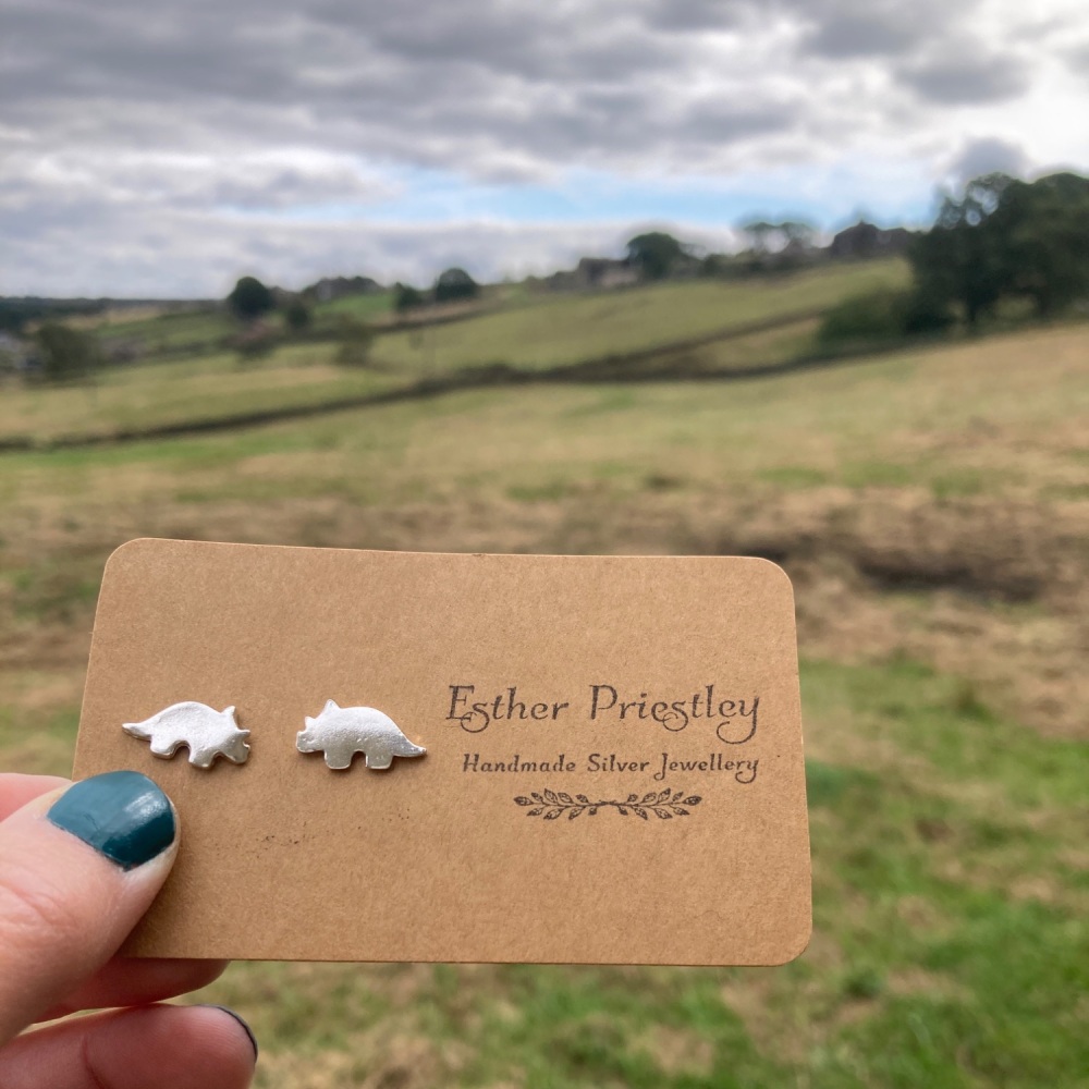 Triceratops: Handmade Silver Dinosaur Stud Earrings – Prehistoric Charm