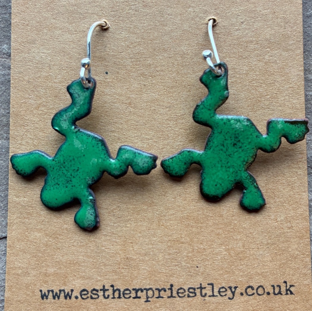 Frog Dangles - hand enamelled frog earrings on sterling silver hooks