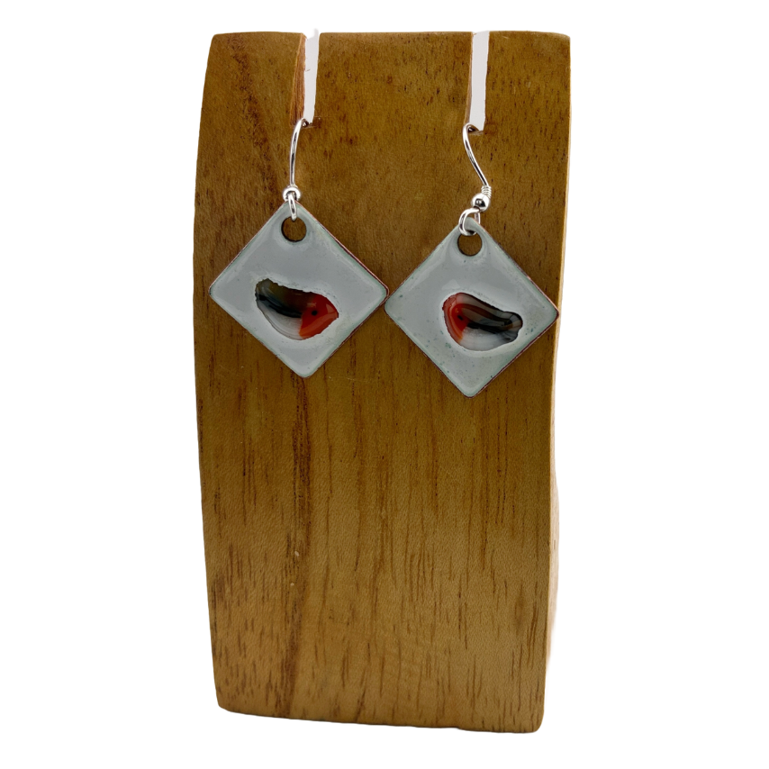 Robin Dangly Earrings - white enamel with fused glass robins