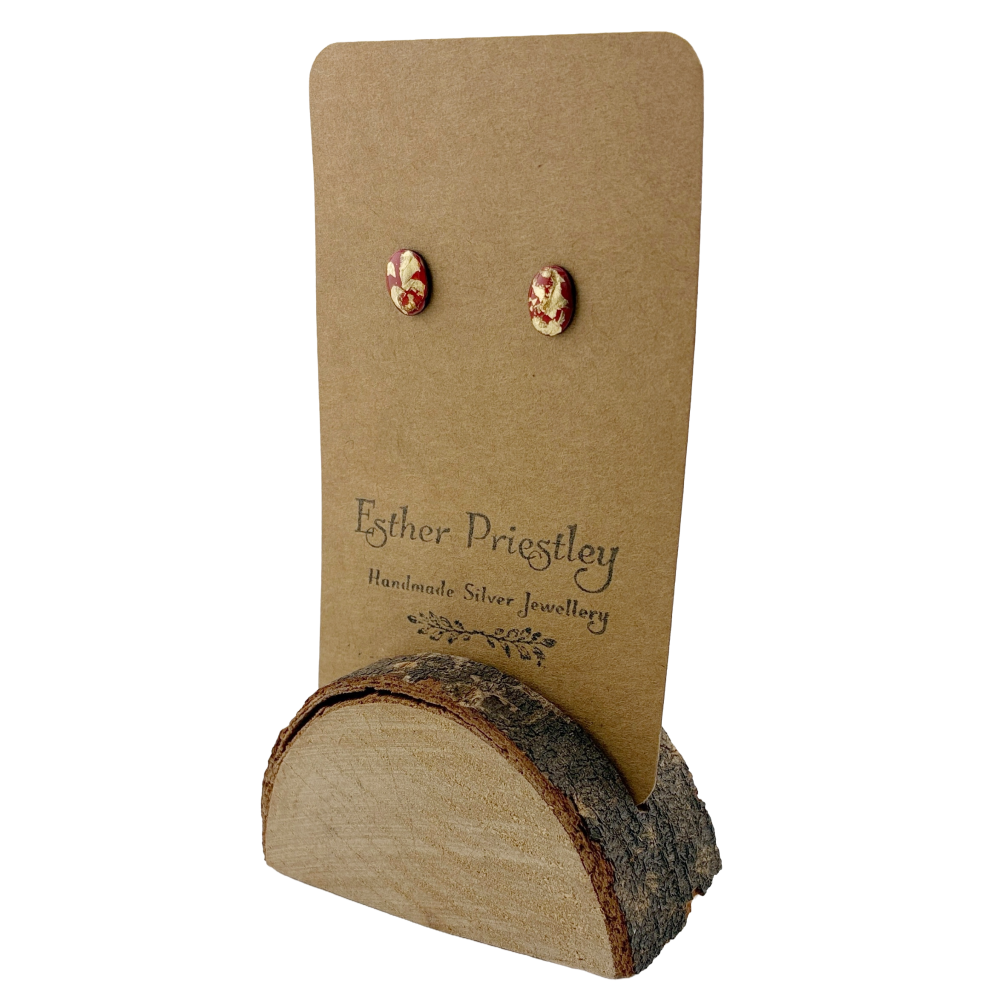 Red Oval Mini Studs - with gold leaf