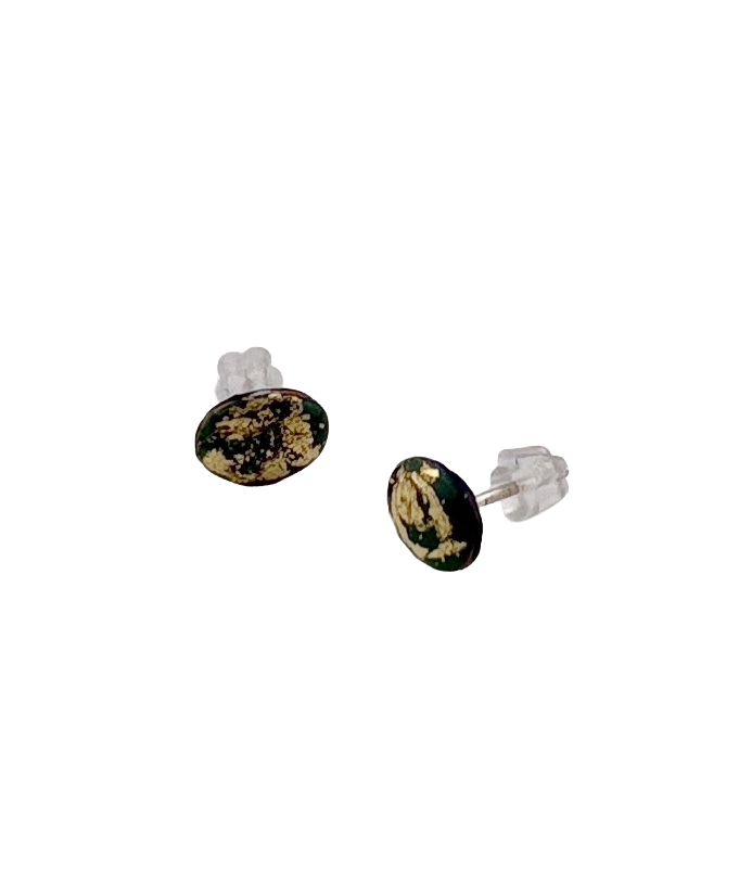 Green Oval Mini Studs - with gold leaf
