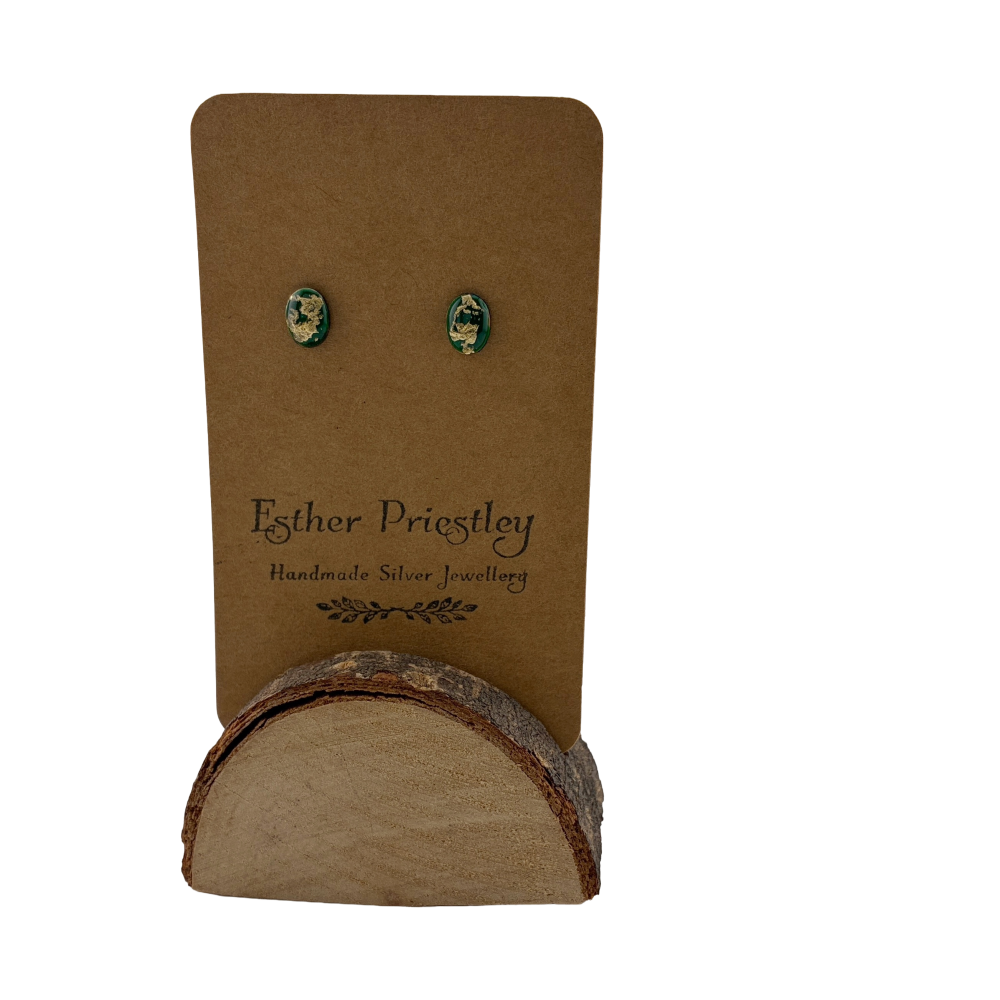 Green Oval Mini Studs - with gold leaf