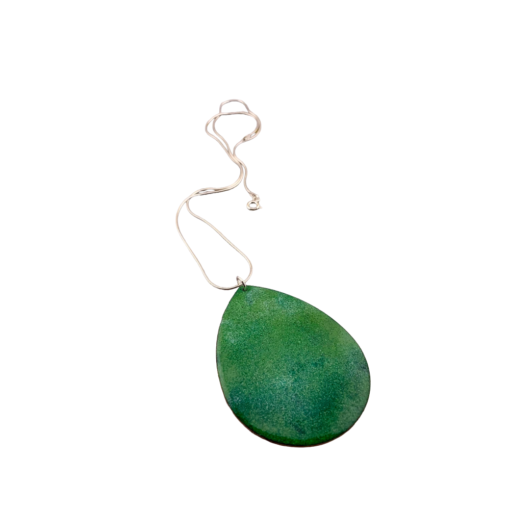 Green Enamel Pendant on silver chain - handmade jewellery -copper and enamel