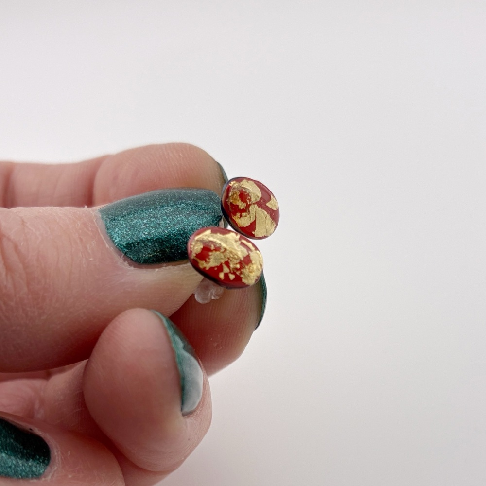 Red Oval Mini Studs - with gold leaf