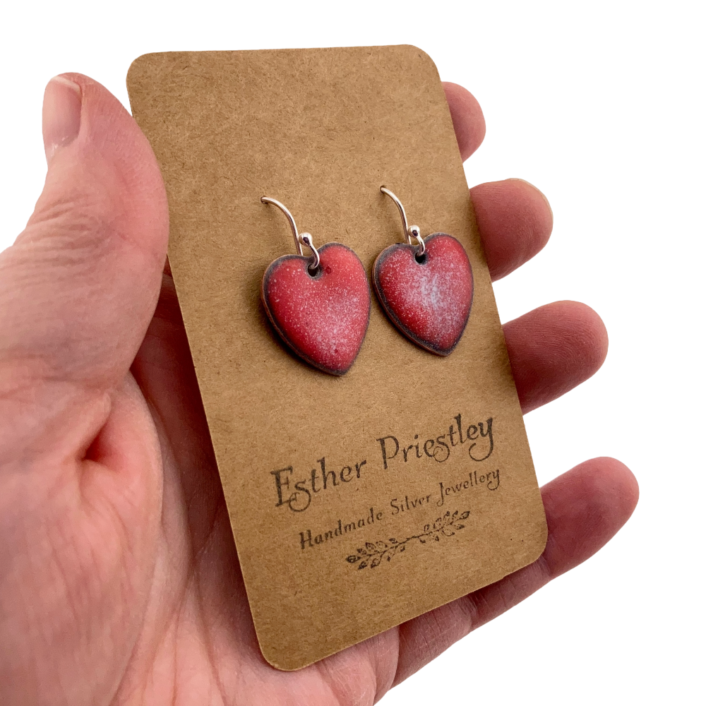 RED Enamel heart earrings on sterling silver hooks
