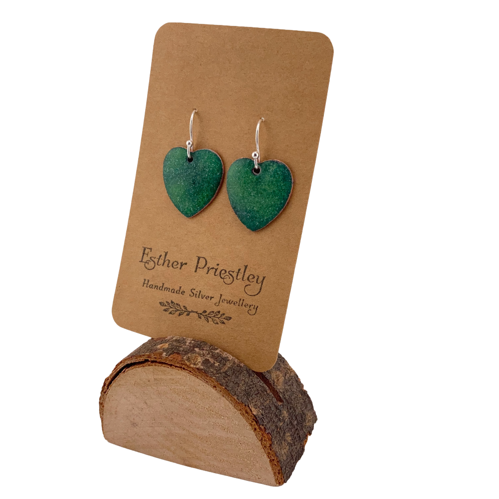 GREEN Enamel heart earrings on sterling silver hooks