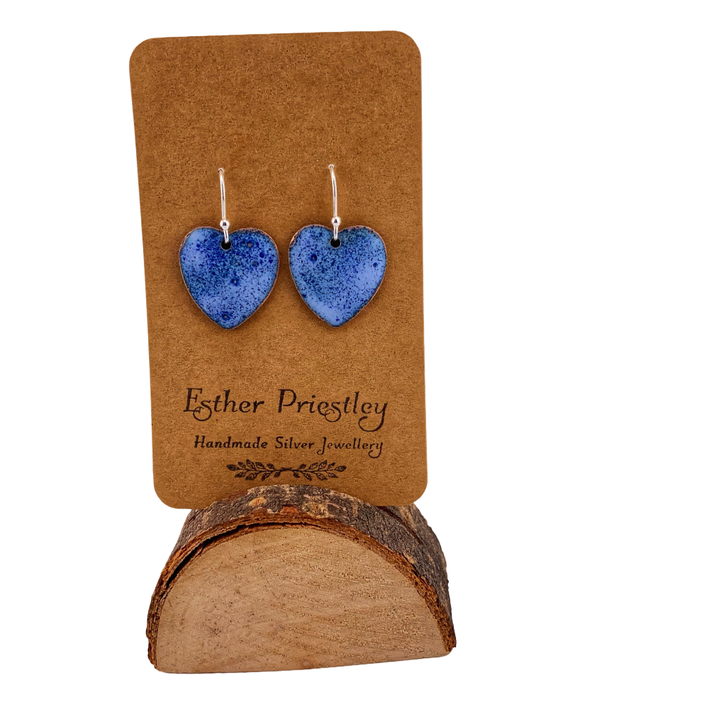 BLUE Enamel heart earrings on sterling silver hooks