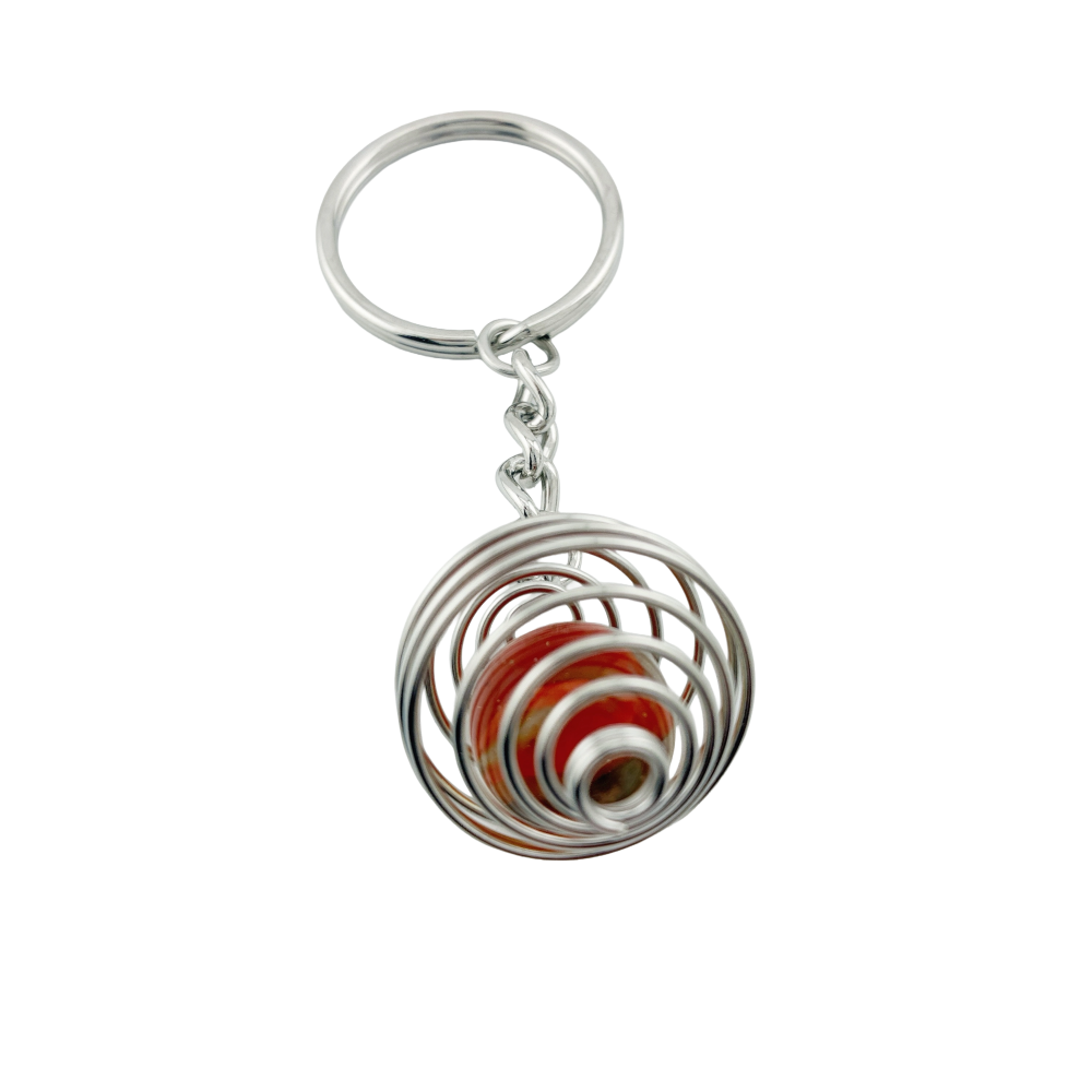 ORANGE vintage glass marble in silver cage on a key chain