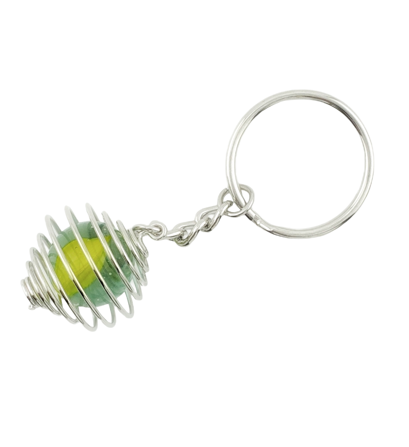 YELLOW vintage glass marble in silver cage on a key chain