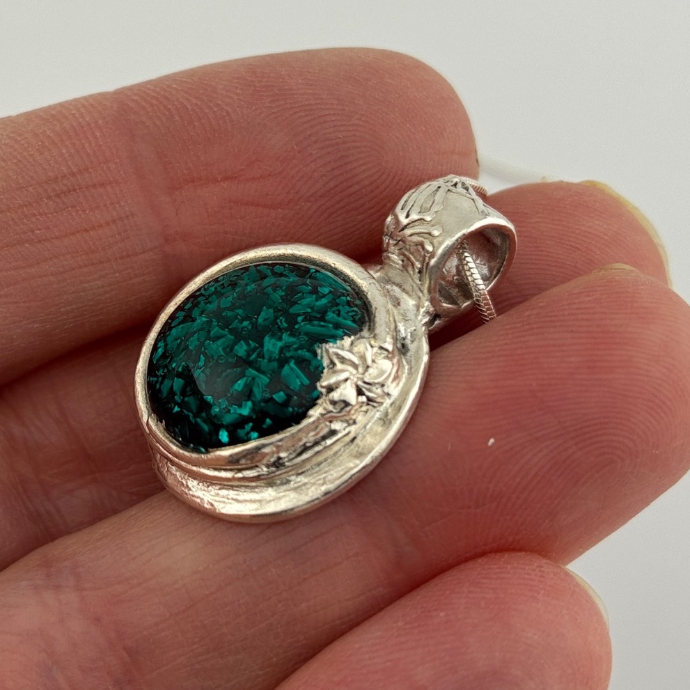 Peacock green glass cabochon set in a silver pendant - unique design