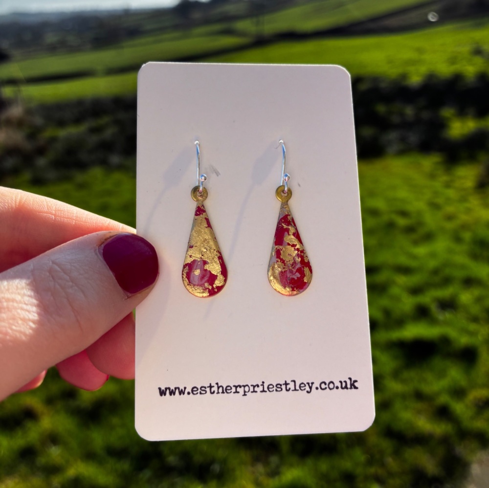Red & Gold Leaf Marbled Earring