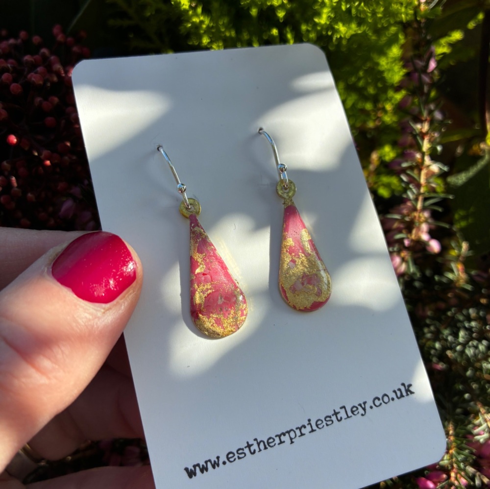 Pink & Gold Leaf Marbled Earring