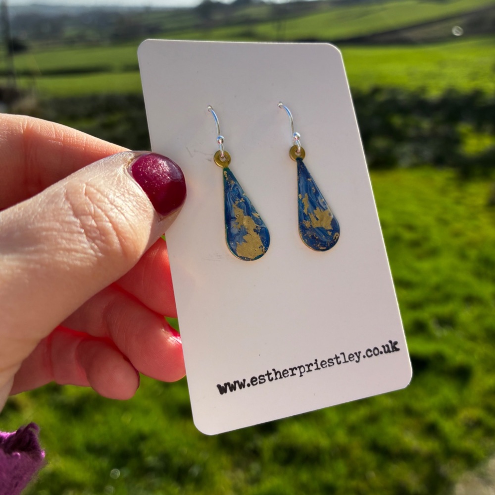 Blue & Gold Leaf Marbled Earring