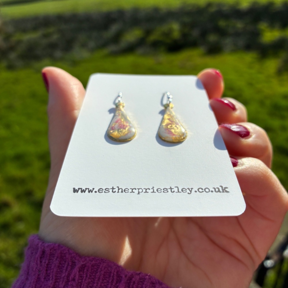 White with pink/red streaks & Gold Leaf Marbled Earring