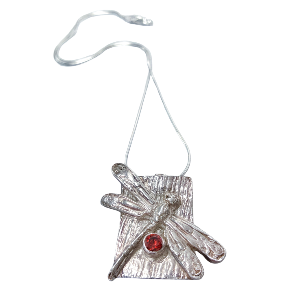 Silver Dragonfly in the Grasses Statement Pendant - Hallmarked Silver & Ethical Garnet