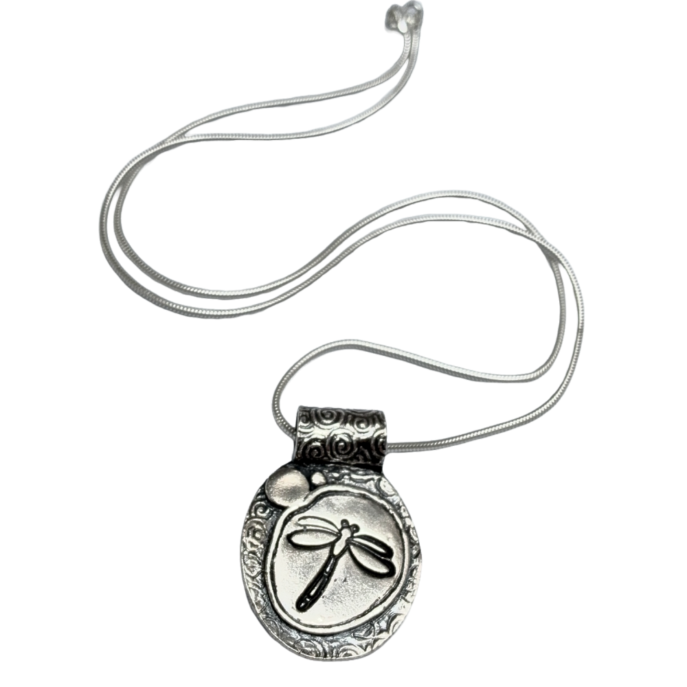 Silver Dragonfly Oval Pendant -Hallmarked in London and on sterling silver chain