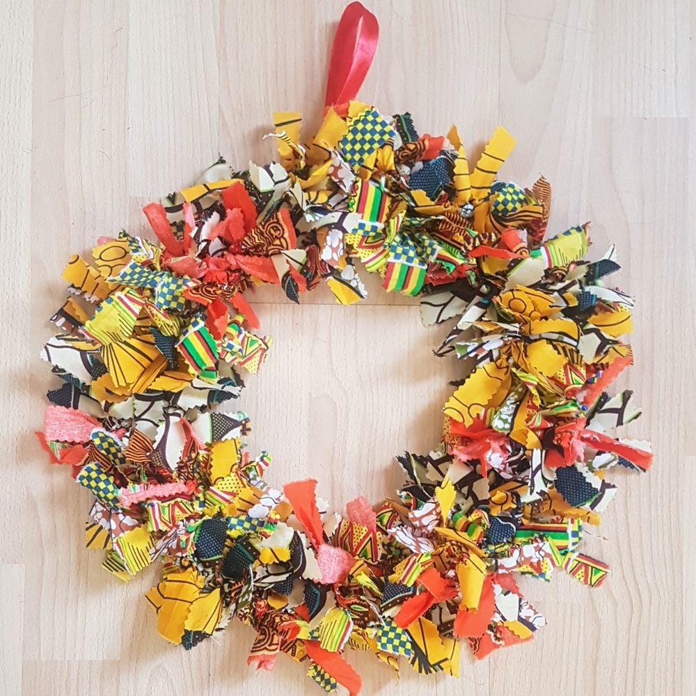 African Print Rag Christmas Wreath