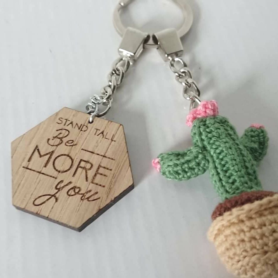 Motivational Wooden Key Ring & Cactus