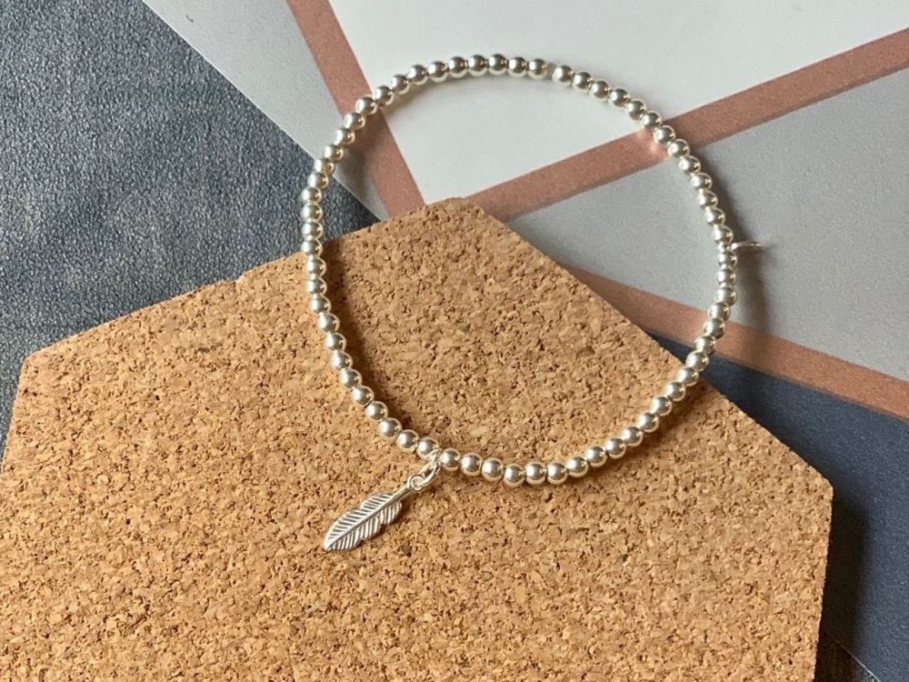 Sterling Silver Feather Beaded Stacking Bracelet - Handmade