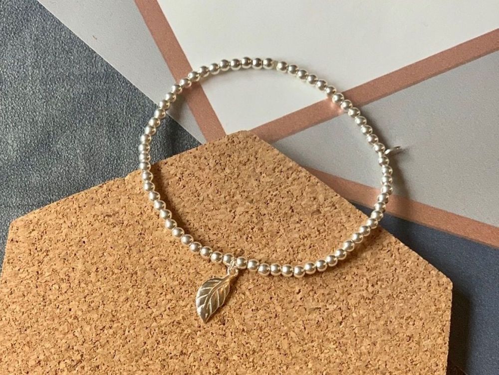 Sterling Silver Leaf Beaded Stacking Bracelet - Handmade