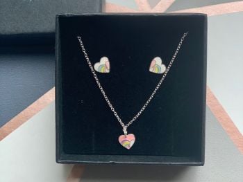 Pink Rainbow Heart Necklace with Earrings