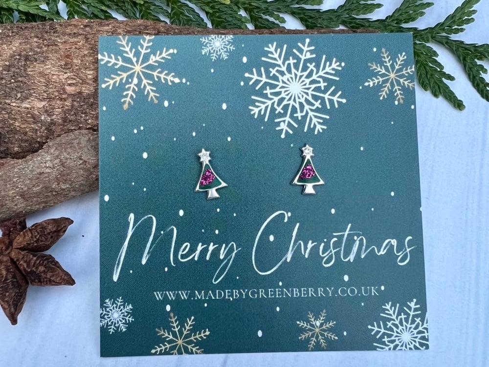 Green and Pink Christmas Tree Earrings 