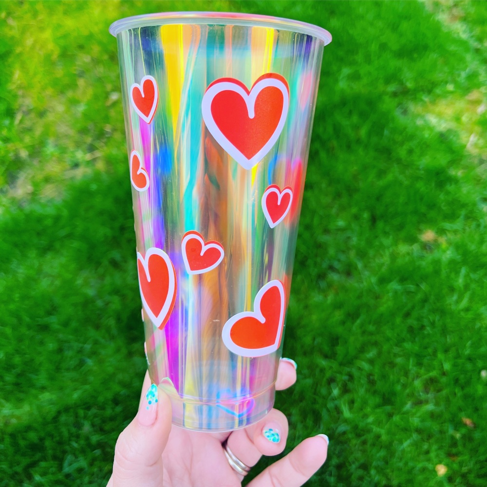 Holographic Cold Cup with name and hearts