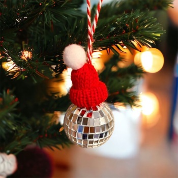 Disco/Glitter Ball With Knitted Santa Bobble Hat
