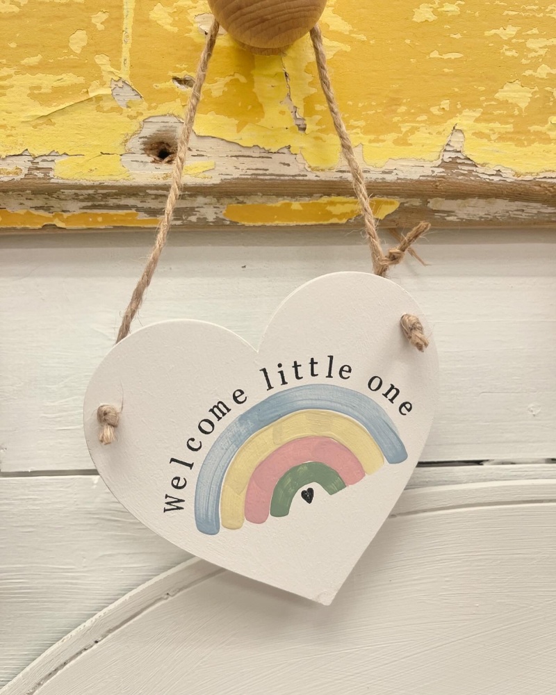 “Welcome little one” rainbow wooden keepsake