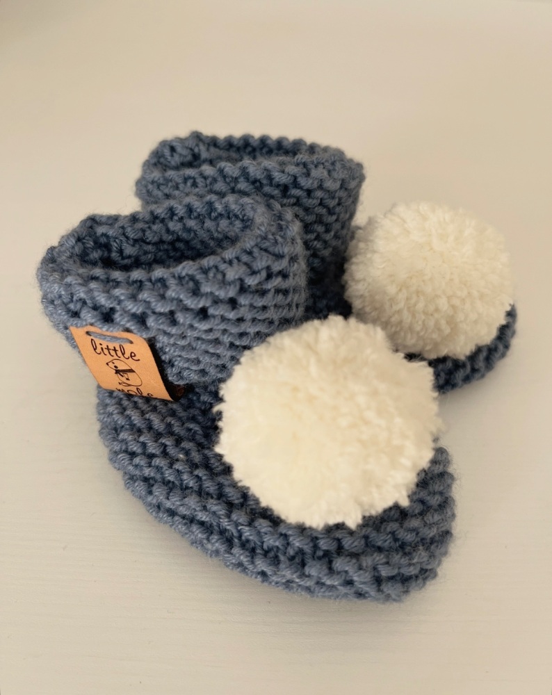 0-3m Pom Pom Booties - Denim & natural