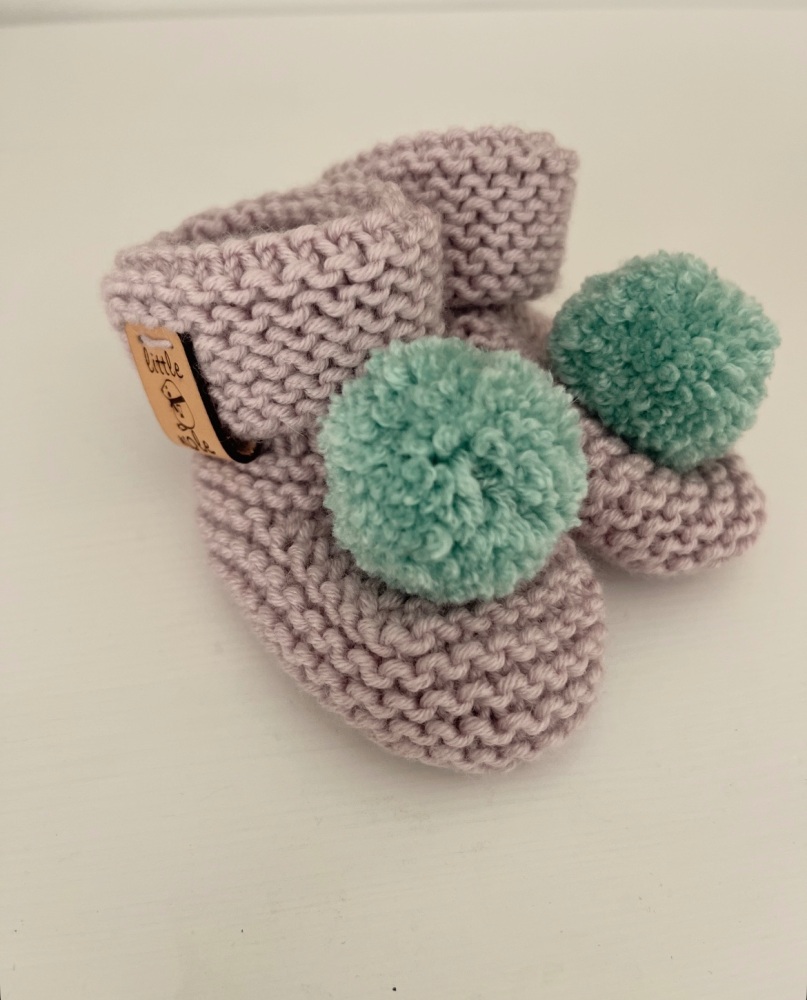 0-3m Pom Pom Booties - Lilac & green