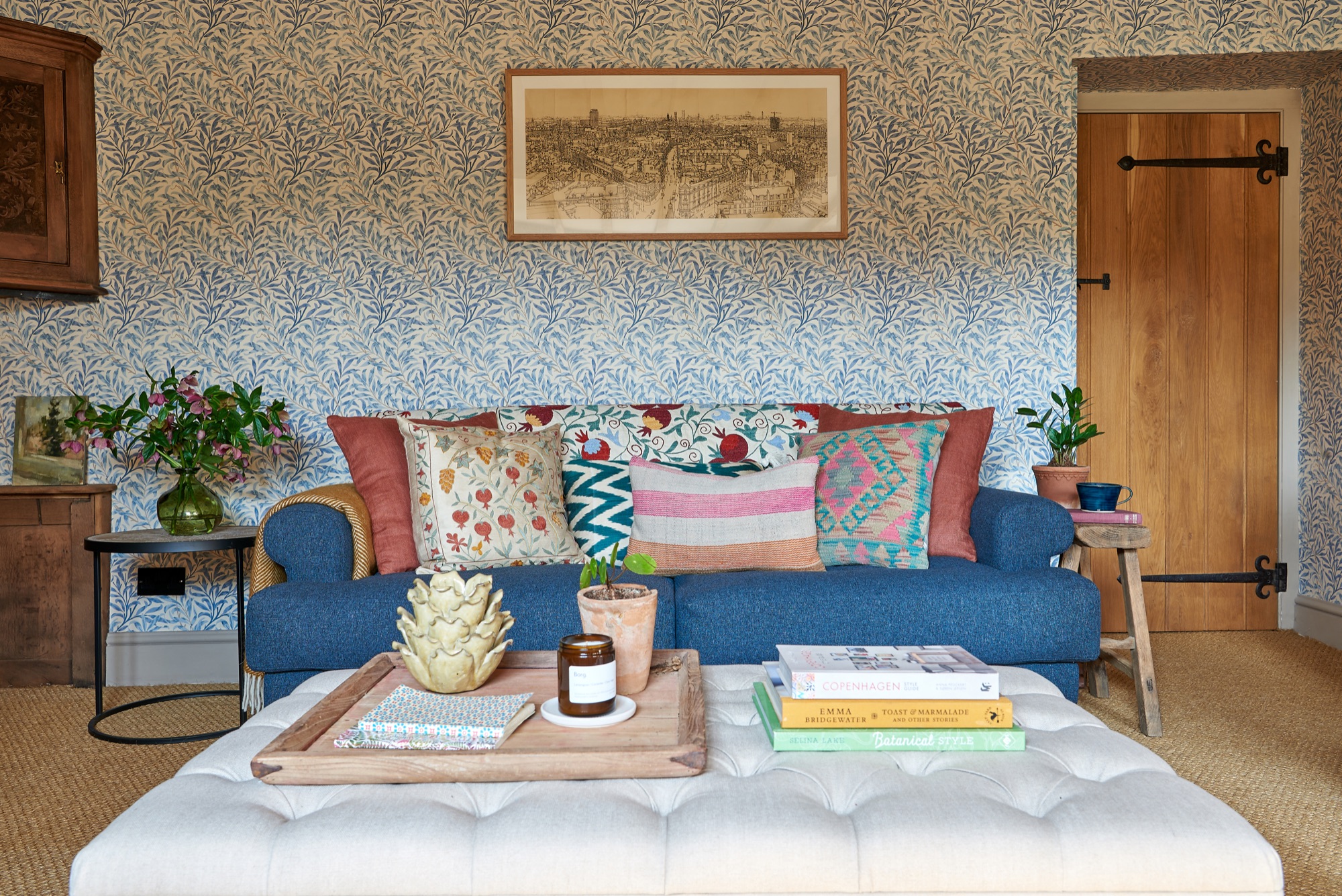 Interior styling, sofa.com,suzani,kilim cushions,william Morris wallpaper,william morris