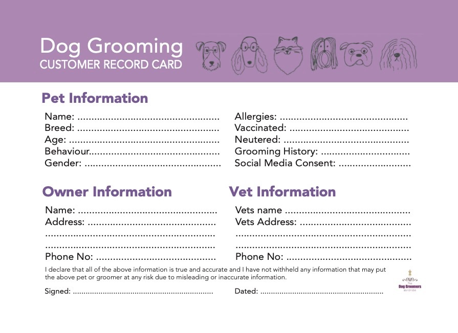 Dog Grooming Customer Record Cards - Pack of 200