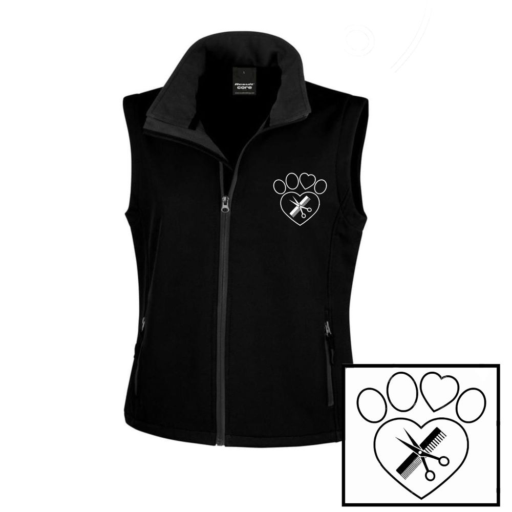 Black Soft Shell Gilet with Heart Paw, Comb & Scissors