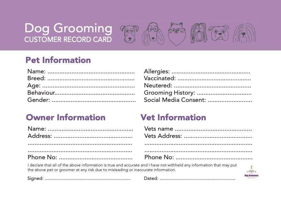 Dog Grooming Customer Record Cards - Pack of 100
