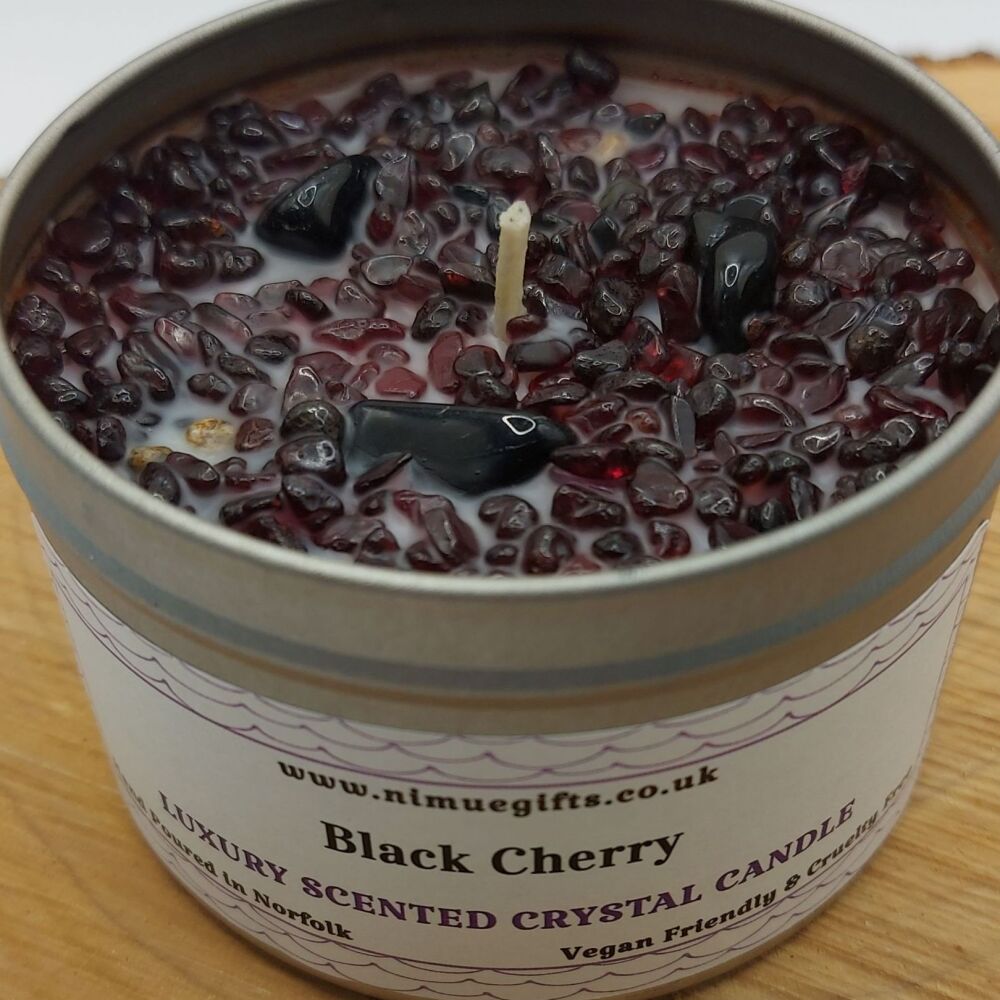 Black Cherry Scented Crystal Candle Topped with Garnets & Obsidian