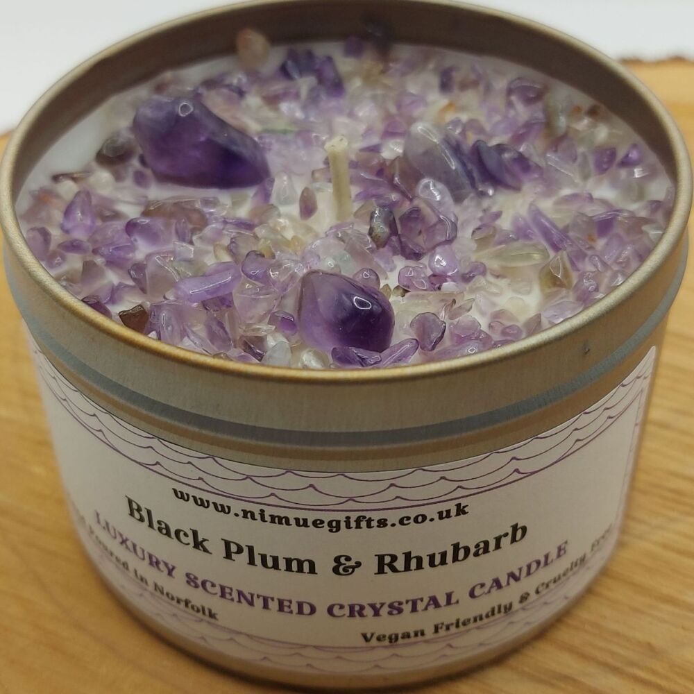 Black Plum & Rhubarb Scented Crystal Candle Topped with Amethyst