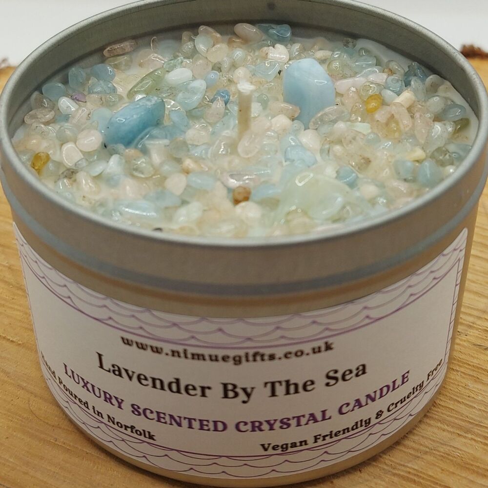 Lavender by the Sea Scented Crystal Candle Topped with Aquamarine Morganite