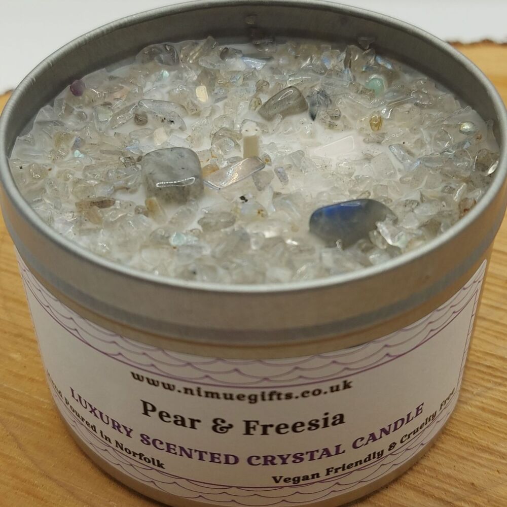 Pear & Freesia Scented Crystal Candle Topped with Moonstone