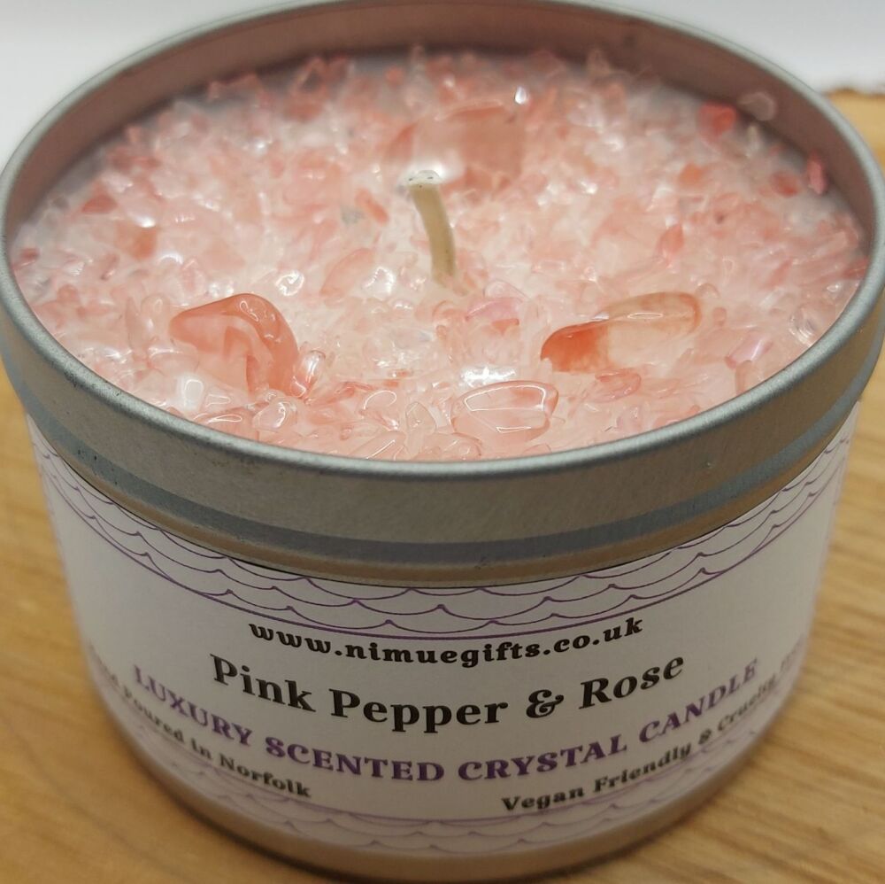 Pink Pepper & Rose Scented Crystal Candle Topped with Cherry Quartz